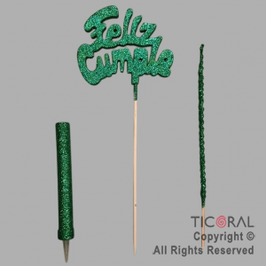 ADORNO DE TORTA SET FELIZ CUMPLE CON BENGALA Y VELA GIBRE VERDE x 1